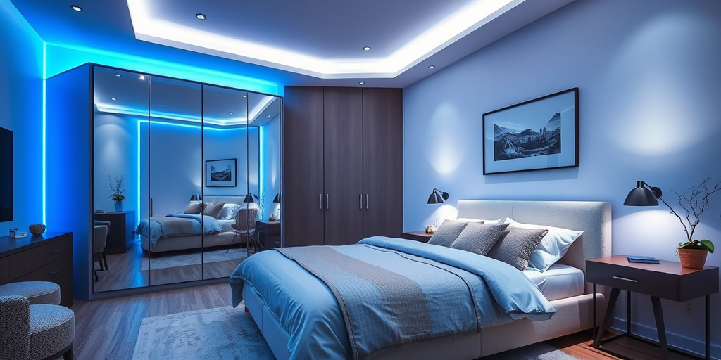 interior design of a modern bedroom with ambient blue lighting, reflective wardrobe, queen-sized bed with neutral-toned bedding, minimalistic decor, captured with a DSLR camera, 24mm lens, f/2.8 aperture, ISO 100, soft lighting for enhanced texture and detail, wide-angle view