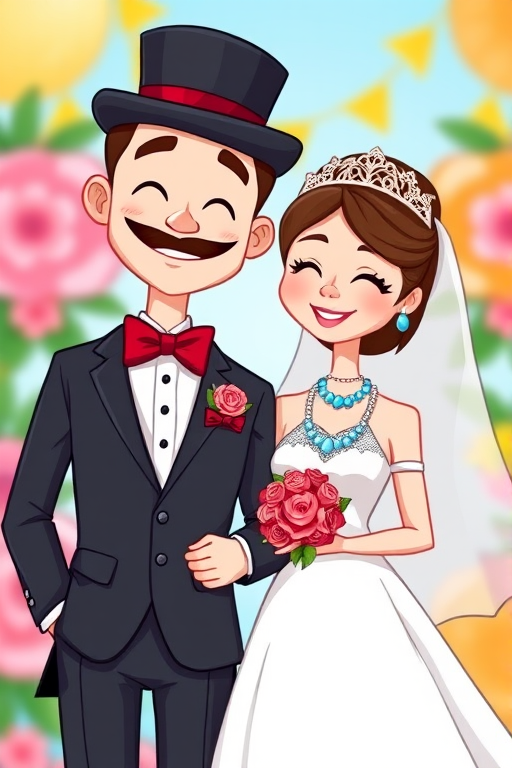 Create a vibrant illustration of a cartoon couple, the groom in a black suit with a top hat and red bow tie, the bride in a white dress with a long veil, red bow and blue necklace, against a cheerful background, using a DSLR camera with a 50mm lens, aperture f/2.8, ISO 100, shallow depth of field for enhanced focus on characters.