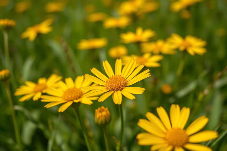 Close-up shot of vibrant yellow flowers in a lush green field, aperture f/2.8, shutter speed 1/500s, ISO 200, macro lens, natural light, DSLR camera.