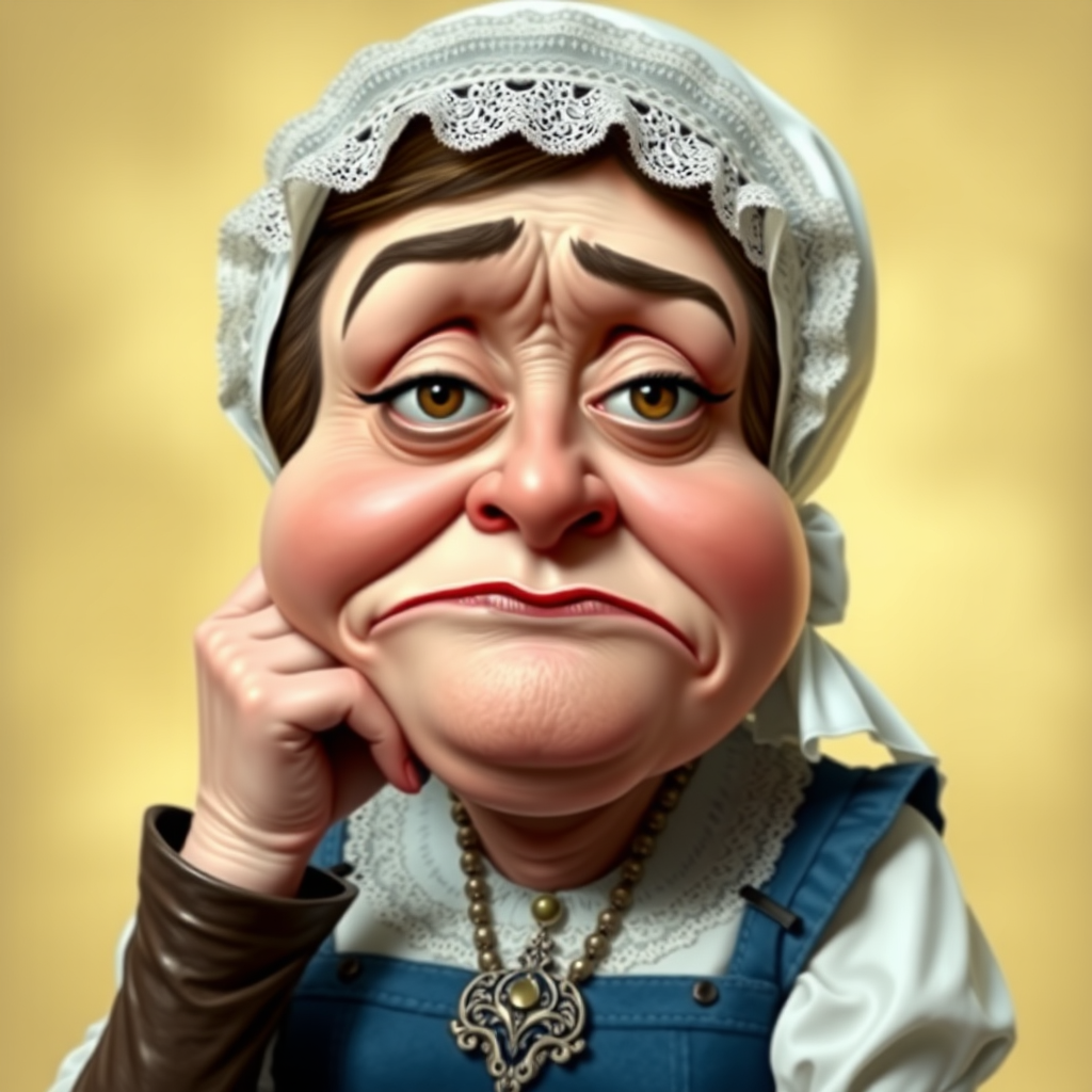 The image is a caricature of a woman with exaggerated features. She is wearing a white bonnet with lace trim and a white blouse with a blue bodice. She is leaning her chin on her hand with a bored or tired expression. Her lips are full and pouty, her cheeks are round and puffy, and her eyes are wide and slightly crossed. Her nose is long and thin, and her brows are furrowed. She is wearing a necklace with a large, ornate pendant. The background is a soft, blurry yellow. The overall effect is humorous and slightly grotesque.