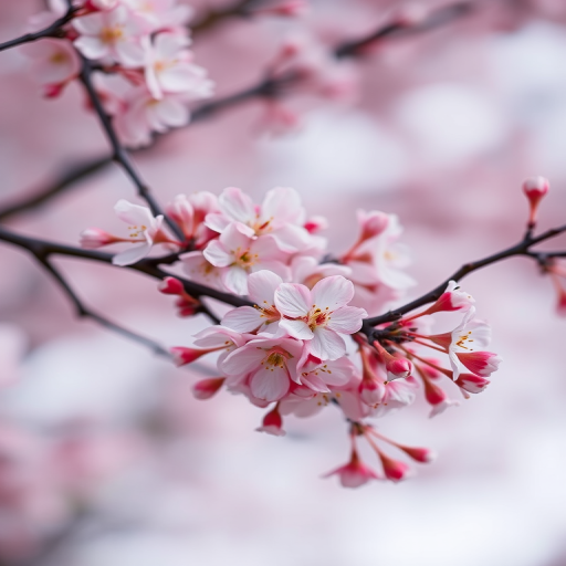 A close-up of cherry blossom branches with delicate pink flowers against a soft blurred background, captured with a DSLR camera at f/2.8 aperture, 1/200s shutter speed, ISO 100, with a macro lens to enhance detail and texture, using a shallow depth of field for a dreamy effect.