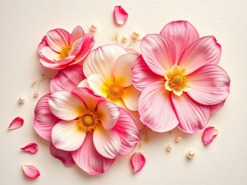 Create an image of a textured floral design featuring large pink and white flowers with yellow centers. The background should be a soft, light color with subtle texture. Include a few flower petals scattered around and small decorative pearls integrated into the composition. The overall feel should be vibrant and artistic, resembling a painting with thick brush strokes.