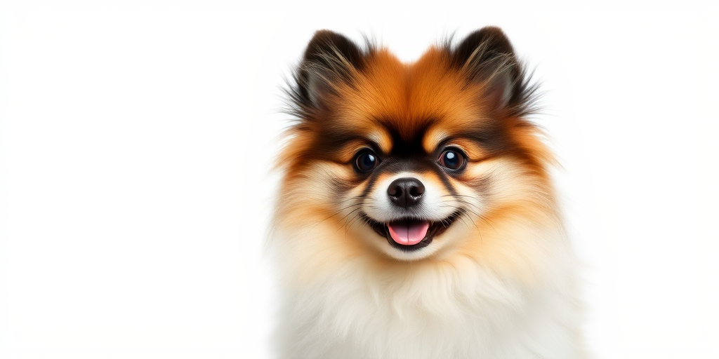 A fluffy Pomeranian with a friendly expression against a pure white background, captured with a DSLR camera at f/2.8 aperture, 1/200 sec shutter speed, ISO 100, in a portrait view, using a softbox for even lighting and enhancement of fur texture.