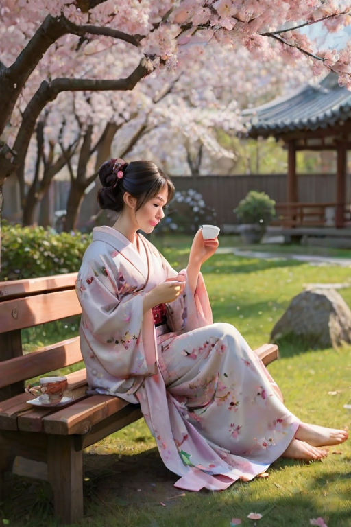 Peaceful garden filled with cherry blossoms, petals falling like snow, a woman in a kimono sits on a wooden bench, sipping tea, the gentle breeze carrying the scent of flowers.