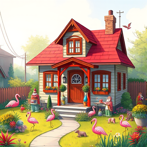 create a colorful digital illustration of a whimsical house with a red roof surrounded by playful yard decorations like flamingos, gnomes, and various objects, soft morning light, wide-angle lens, f/8 aperture, ISO 100, 50mm focal length, high-resolution digital art style