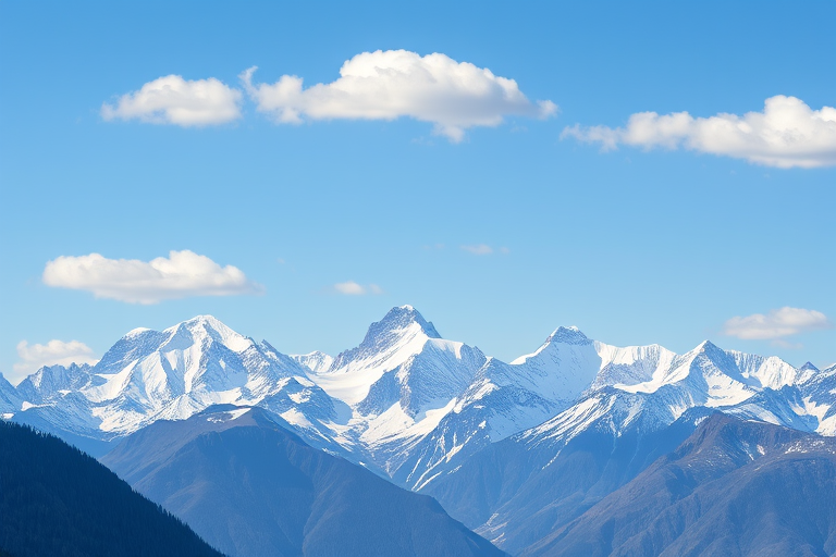 A high-resolution digital illustration of majestic snow-capped mountains under a clear blue sky with stylized clouds, captured using a DSLR camera with a 50mm lens, aperture set to f/8, ISO 100, and a landscape orientation to enhance depth and detail.