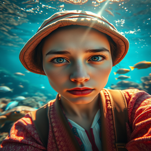 Realistic selfie image of a Kyrgyz, wearing a vintage outfit, detailed dreamy eyes, droopy hooded eyes, staring at the camera, taken underwater at coral reef with a sunbeam filtering through the water, vibrant, summer vacation, natural lighting, turtle and school of tropical fish with vibrant colors, rendered in the style of CryEngine, Pegi Nicol MacLeod, with realistic genre scenes, hauntingly beautiful narratives, ultra-realism, and Thomas Saliot's close-up technique, 8K resolution, crystal clear and sparkling water.