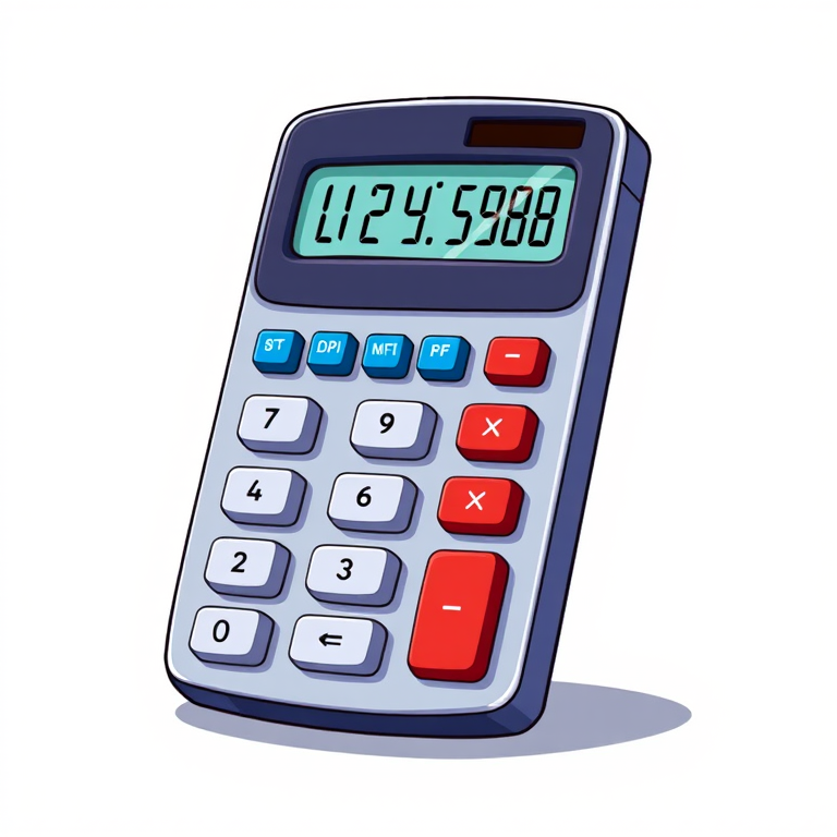 Create a highly detailed illustration of a cartoon-style calculator with blue and red buttons, in a dynamic three-quarter view, with a transparent background, using a digital painting technique, set at 300 DPI, 35mm lens equivalent, f/8 aperture, and soft diffused lighting for a vibrant appearance.