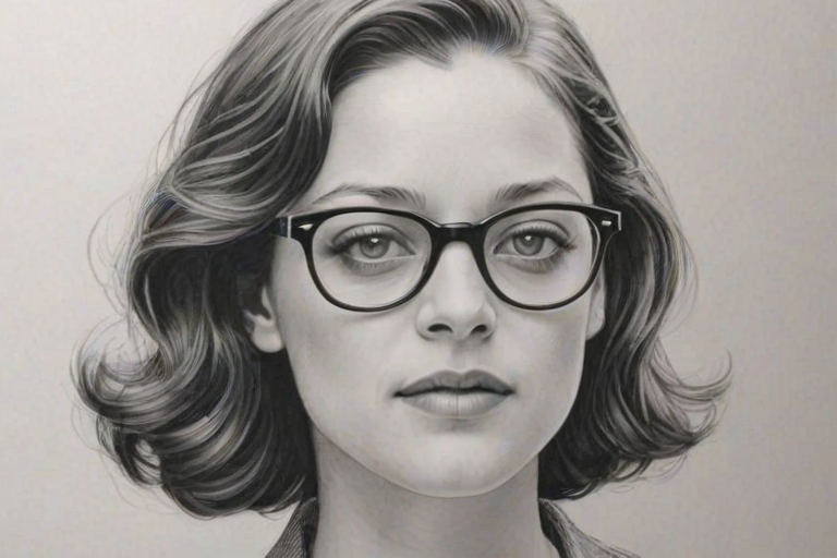 Delightful Marion Cotillard, pencil sketch, portrait of Radiant woman 1954s in glasses, hair style beatnik, outline, clear lines, fine lines, 8k