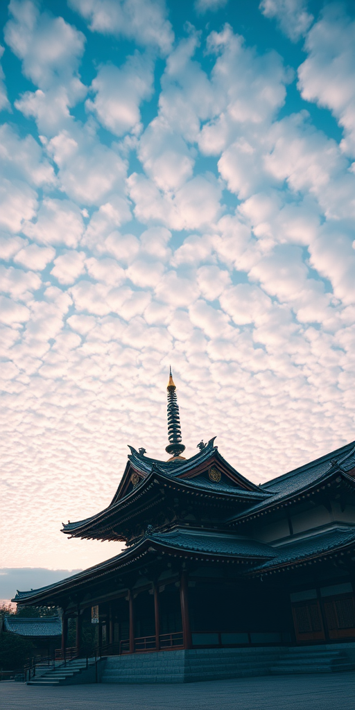 Capture a serene Japanese temple at sunset, with detailed architectural features, using a DSLR camera, ISO 100, aperture f/8, shutter speed 1/200s, wide-angle lens, low angle view, and dramatic cloud textures in the sky for enhanced mood and depth.