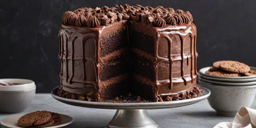 Create a tall chocolate cake with layers of creamy chocolate frosting. The cake should be topped with a generous amount of crushed cookies, brownie pieces, and whole chocolate sandwich cookies. Include a rich chocolate ganache drizzling down the sides for a decadent effect. The cake should be placed on a clear glass cake stand, with a cozy kitchen background.
