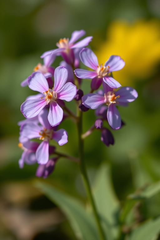 macro shot of purple flowers with sharp details and vibrant colors, shallow depth of field, aperture f/2.8, ISO 100, 50mm lens, natural soft lighting, taken from a low angle to highlight the blossoms