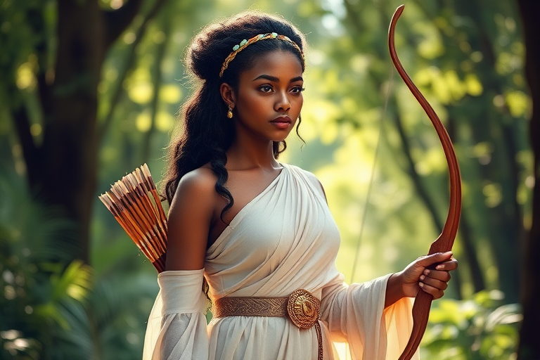 Create a portrait of a goddess-like Afro-Caribbean girl figure in a tranquil, forested environment. She has an elegant appearance with long, wavy hair styled in an updo and adorned with a delicate, floral headband. She wears a flowing, ancient Greek-inspired gown in a soft, pale color, featuring a one-shoulder design and draped fabric that accentuates her graceful form. The outfit includes a decorative belt with ornate gold detailing, and she holds a bow in her hand, with a quiver of arrows slung over her shoulder. The background depicts lush greenery, with sunlight filtering through the trees, casting a gentle, ethereal light on the scene. Her expression is calm and contemplative, embodying a sense of wisdom and serenity.