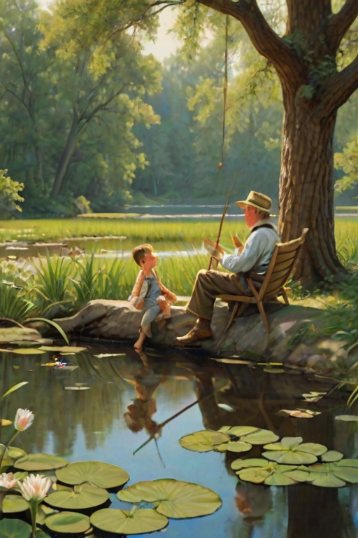 Imagine a small group of old fashioned young boys out fishing by the creek, a swing hanging from a tree branch, reeds and grasses by the water's edge, a frog sitting on a lily pad, dragonflies hovering over som water plans, a very iconic old fashioned scene reminiscent of a Norman Rockwell painting style