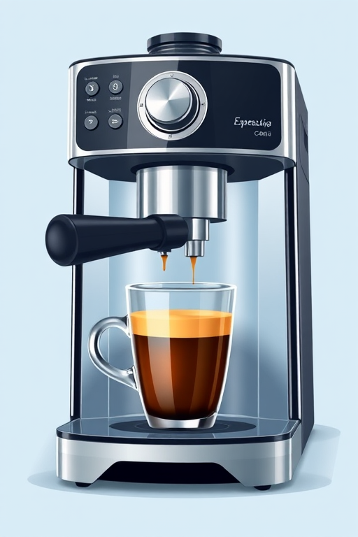 Create a high-resolution vector illustration of a modern espresso machine with a transparent water tank, showcasing a freshly brewed espresso dripping into a clear glass cup, set against a soft blue background, with precise details for buttons and knobs, captured from a slightly elevated angle using a DSLR camera at f/4, ISO 100, and 50mm lens for a sharp focus and smooth depth of field.