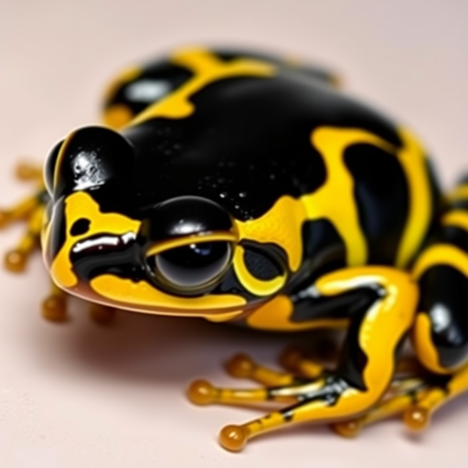 Generate an image of a close-up of a brightly colored frog with a glossy black body and striking yellow stripes. The frog should be positioned on a smooth surface, showcasing its intricate details and vibrant colors.