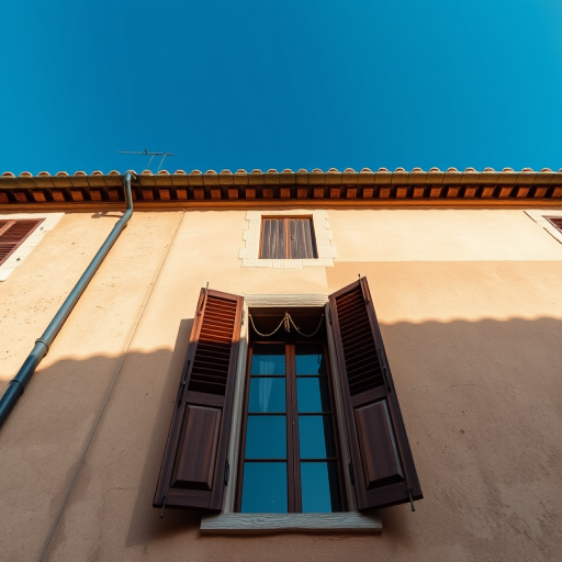 Create a high-resolution image of a rustic building with wooden shutters, featuring a sunlit facade and a clear blue sky, captured with a Canon EOS R5 at f/8, ISO 100, 1/200 sec, using a 24mm lens, shot from a low angle to emphasize the architectural details.