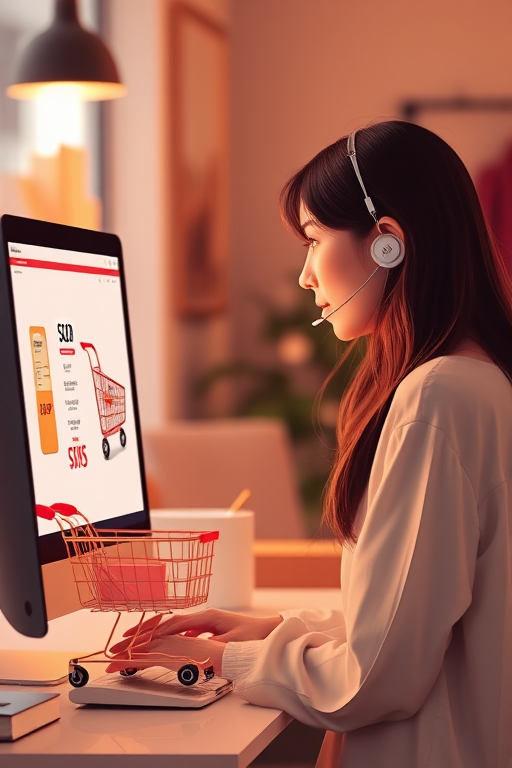 Create an illustration of a woman shopping online at a computer, with shopping cart and receipt icons appearing on the screen, shot in a well-lit studio using a Canon EOS R5, 50mm lens, f/1.8 aperture, ISO 100, capturing a warm and inviting atmosphere.