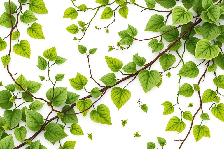 Generate a detailed botanical illustration of intertwining green vines and leaves on a transparent background, using a Canon EOS R5 camera with an f/4 aperture, 50mm lens, and soft natural lighting to enhance texture and vibrancy.