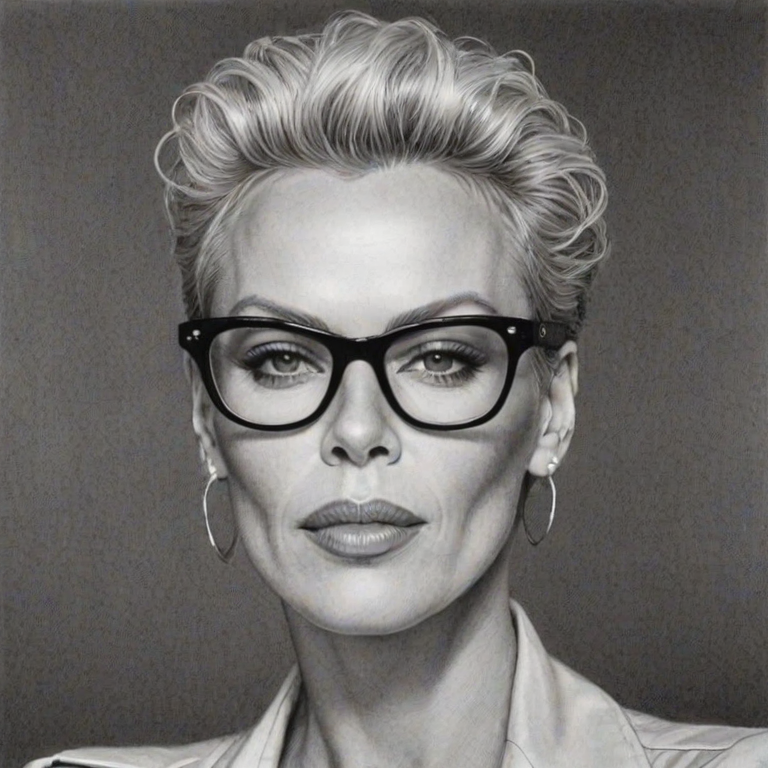 Beauteous Brigitte Nielsen, pencil sketch, portrait of Graceful woman 1977s in glasses, hair style beatnik, outline, clear lines, fine lines, 8k