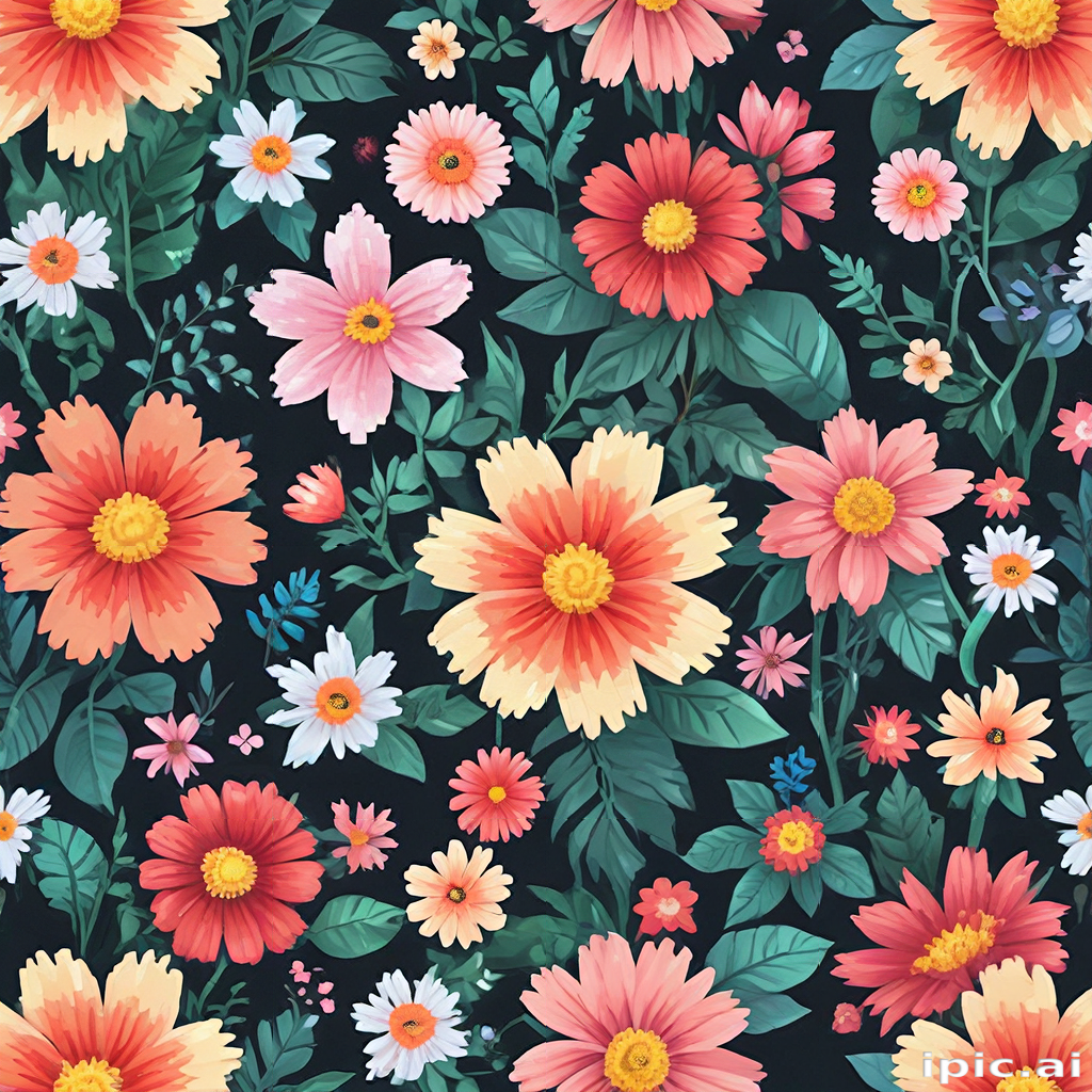 Vibrant Floral Pattern Featuring Colorful Blooms Against a Dark Background