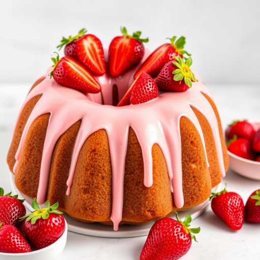 A beautifully decorated bundt cake with a smooth pink strawberry frosting drizzled over the top and adorned with fresh strawberries, set against a light background with additional strawberries in a bowl.