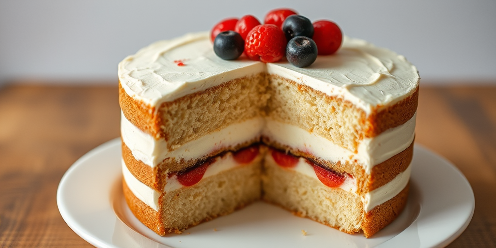 Create an image of a layered cake with a creamy filling and a fruit topping showing distinct layers of cake and filling with a slice removed revealing the interior details and a clean plate beneath.
