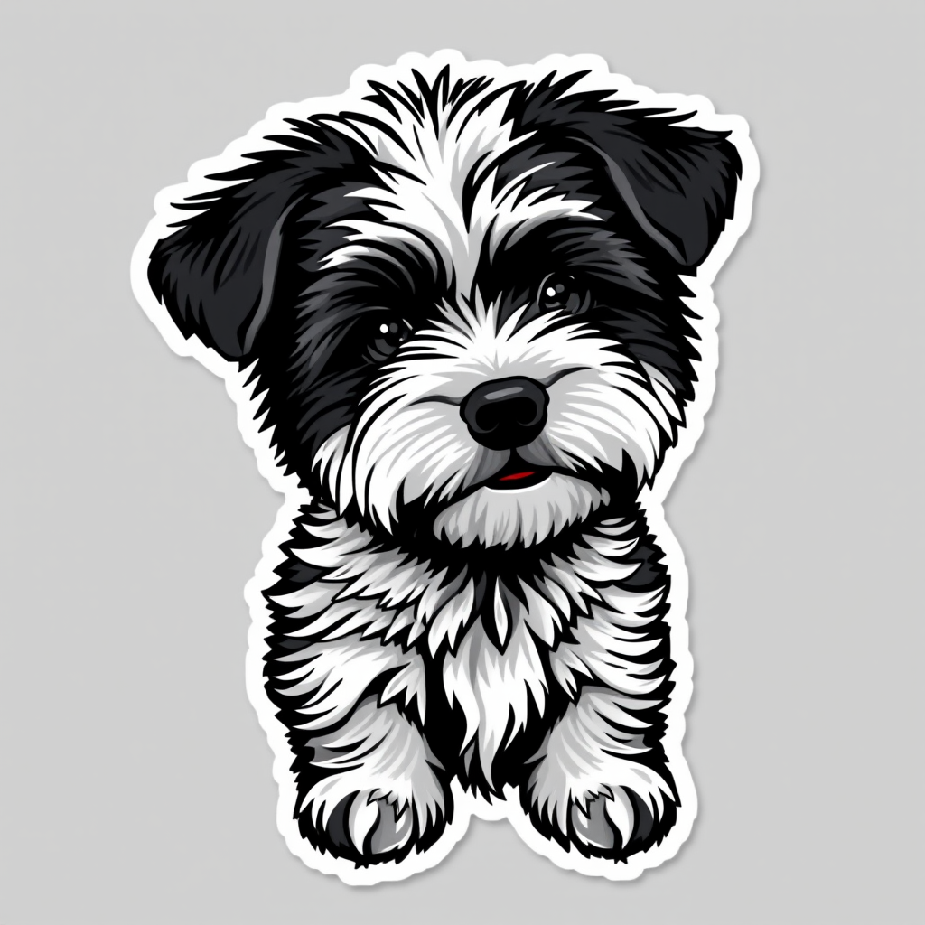 create sticker, 3D black and white pomapoo dog breed, grey background