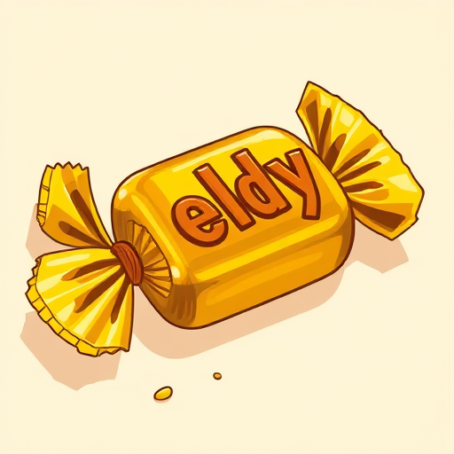 create a detailed illustration of a wrapped candy with vibrant yellow and brown colors, using a DSLR camera with 50mm lens at f/2.8, ISO 100, daylight, and soft focus for a whimsical effect