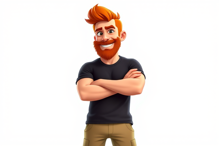 create a cartoon character of a man with orange hair and a beard, wearing a black t-shirt and khaki shorts, standing with arms crossed and a smirk, high resolution, 4K quality, wide-angle lens, studio lighting, digital illustration style