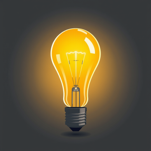 create a simple illustration of a light bulb with a bright yellow glowing filament, use a minimalist design with a soft shadow behind it, shot with a DSLR camera at f/2.8 aperture, 50mm lens, 1/200 sec shutter speed, and natural lighting for enhanced clarity and color vibrancy