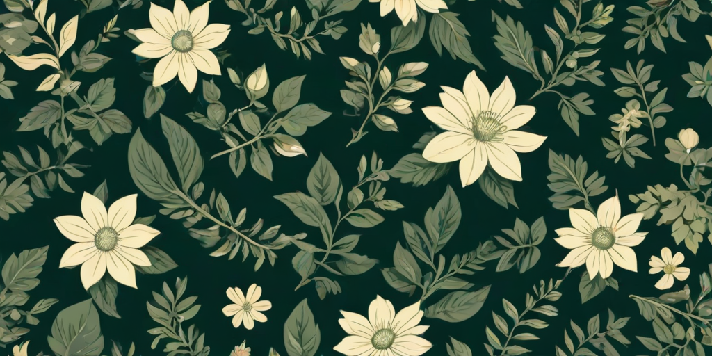 Create a seamless pattern of flowers and leaves in soft green and cream colors on a dark green background.