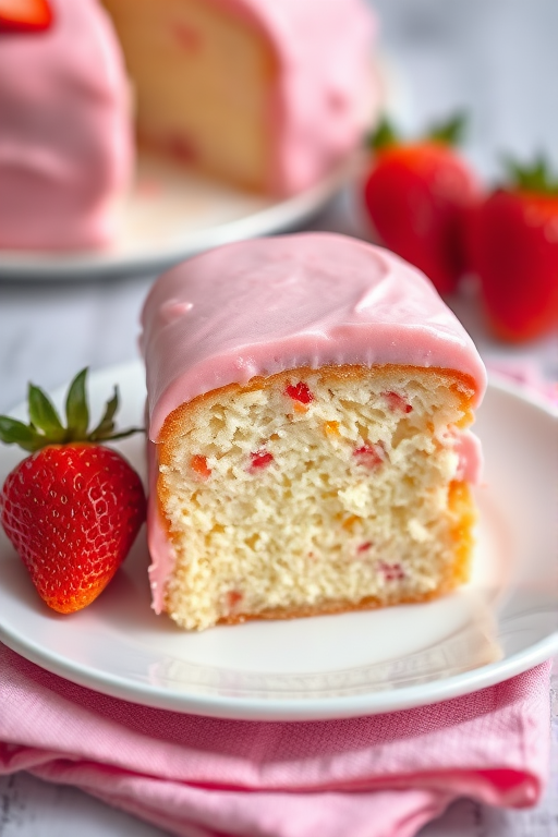 A close-up of a slice of pink frosted cake on a white plate with a fresh strawberry on the side, set on a textured pink napkin, with a blurred background showcasing more cake and strawberries. The cake has a smooth, shiny glaze and a fluffy interior, emphasizing its moist texture.