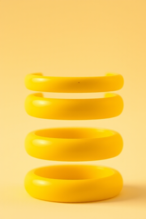 Regenerate a high-quality image of four stacked yellow rings with a clean background, using a DSLR camera, 50mm lens, aperture f/1.8, ISO 100, and 1/200 sec shutter speed for sharp focus and vibrant colors.