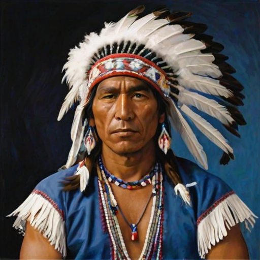 Create a dignified portrait of a Native American man dressed in traditional attire. He wears a beautifully crafted headdress adorned with white feathers and red beads, along with a beaded headband featuring intricate patterns. His clothing includes a deep blue, patterned shirt and a traditional chest piece with detailed beadwork. His arms are crossed, displaying leather armbands decorated with feathers. The background is simple and neutral, emphasizing his proud and stoic expression. The overall image captures the rich cultural heritage and strength of his persona.