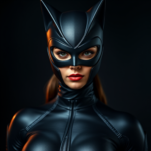 Create a high-resolution image of a confident female character in a sleek black catsuit and mask, with dramatic lighting highlighting her features, using a Canon EOS R5 camera, 50mm lens, f/1.8 aperture, 1/100 sec shutter speed, ISO 100, in a studio setting with a dark, moody background for enhanced detail and depth.