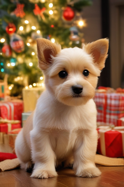 Adorable Puppy Sitting in Front of a Festively Decorated Christmas Tree