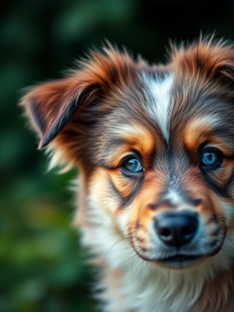 Create a close-up portrait of a fluffy dog with blue eyes, set against a blurred green background, using a DSLR camera with a 50mm lens at f/2.8, ISO 200, and shutter speed of 1/200s, focus on the dog's face with a soft bokeh effect.