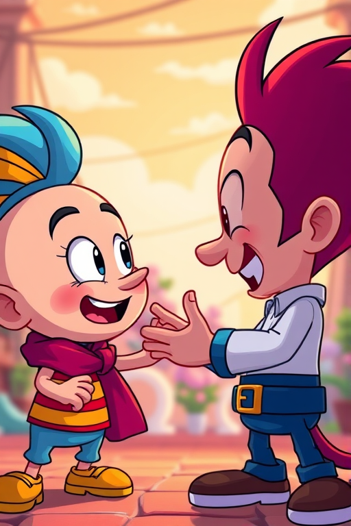 Create a vibrant cartoon scene featuring two animated characters in a humorous confrontation, using a wide-angle lens with an aperture of f/2.8, ISO 100, and a shutter speed of 1/200 sec to capture vivid colors and sharp details.
