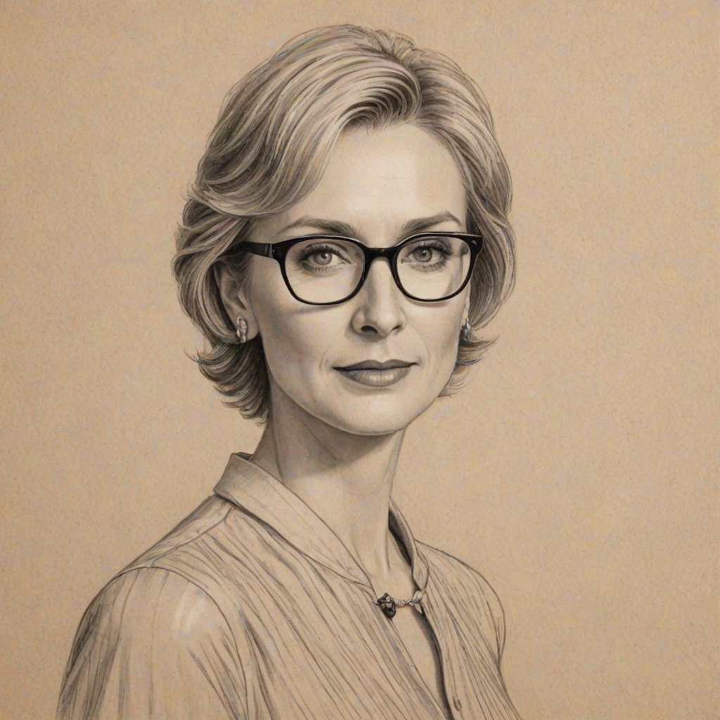 Exquisite Jane Lynch, pencil sketch, portrait of Fetching woman 1928s in glasses, hair style beatnik, outline, clear lines, fine lines, 8k