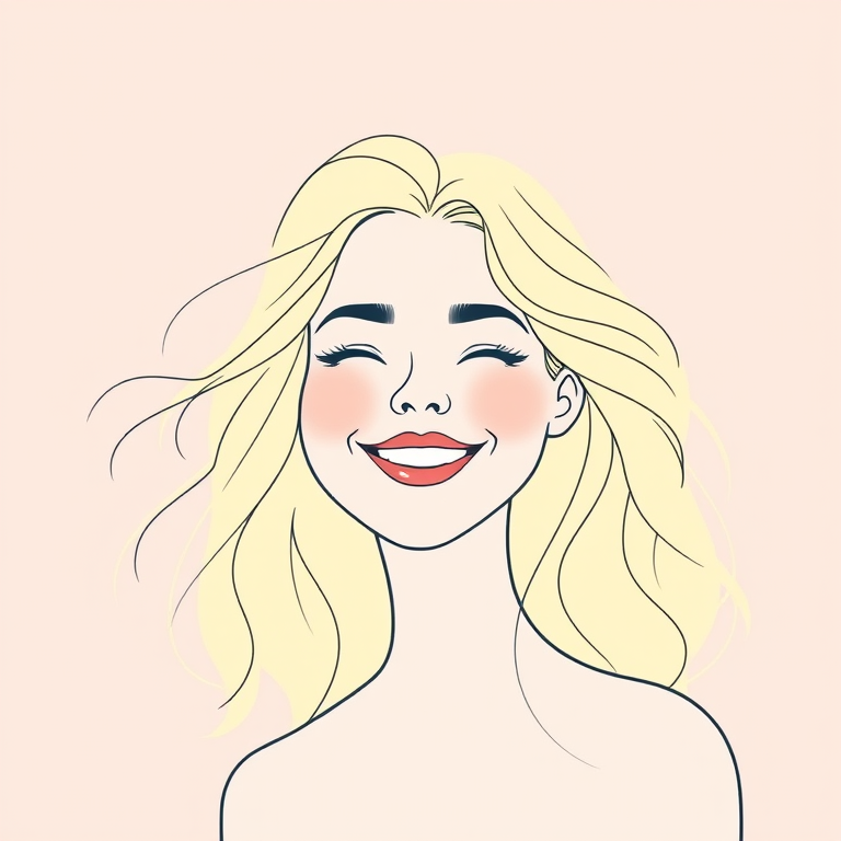 create a minimalist line art illustration of a smiling person with flowing hair in soft pastel colors, set against a smooth abstract background, using a digital drawing tablet, at a resolution of 300 DPI, in portrait orientation, with a view from eye level and a focus on vibrant color contrast