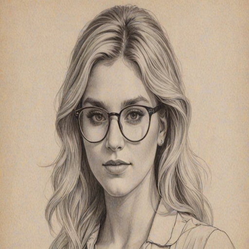Delightful Kesha, pencil sketch, portrait of Enticing woman 1973s in glasses, hair style beatnik, outline, clear lines, fine lines, 8k