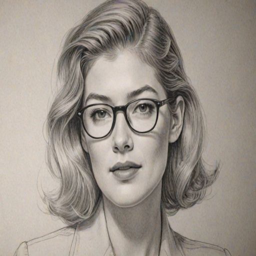 Gorgeous Rosamund Pike, pencil sketch, portrait of Beauteous woman 1940s in glasses, hair style beatnik, outline, clear lines, fine lines, 8k