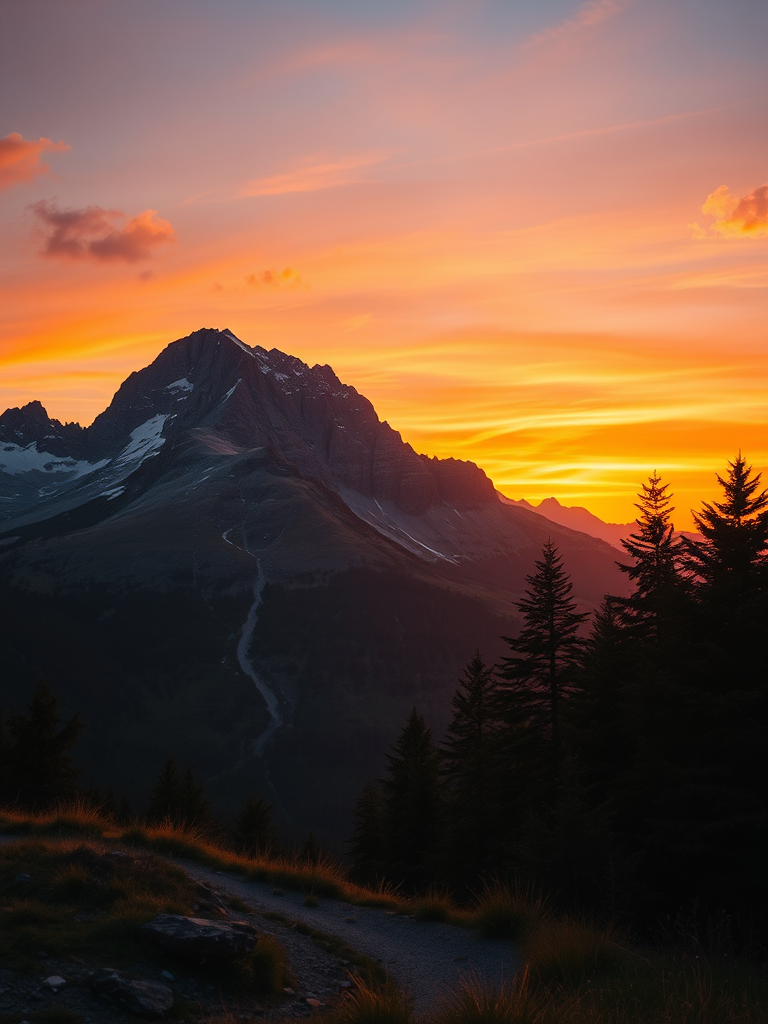 Generate a high-quality image of a mountain landscape at sunset, using a Canon EOS 5D Mark IV with a 24mm lens, aperture set to f/8, shutter speed at 1/100 seconds, ISO 100, in landscape mode, with a vibrant color palette and enhanced contrast.