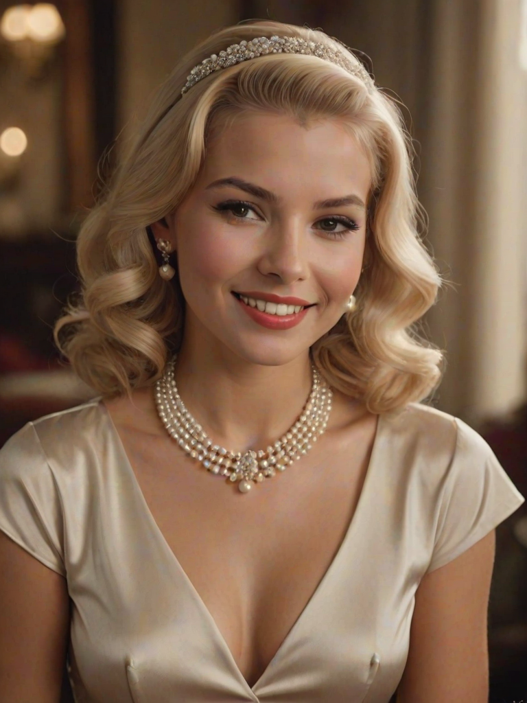 A beautiful Inca woman reminiscent of 1950s Hollywood glamour, with perfectly styled blonde hair and a seductive smile, dressed in a satin blouse and adorned with pearls, soft and warm tones, photorealistic, 8K