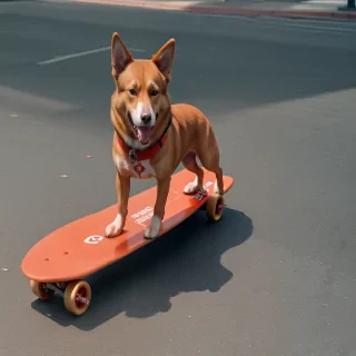 an image of a dog on a red skateboard