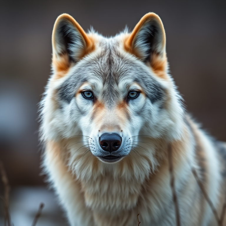 A close-up portrait of an Arctic wolf in a natural setting, with soft focus on the background, using a Canon EOS 5D Mark IV, 85mm lens, aperture f/1.8, ISO 200, natural light for enhanced detail and clarity.