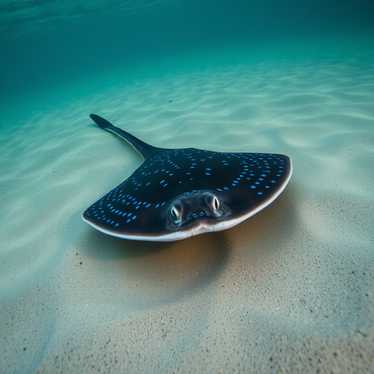 Capture a close-up of a blue-spotted stingray gliding over sandy ocean floor, using a DSLR camera with a 50mm lens, aperture of f/4, shutter speed of 1/200 sec, ISO 800, in underwater perspective with soft lighting to enhance details and colors.