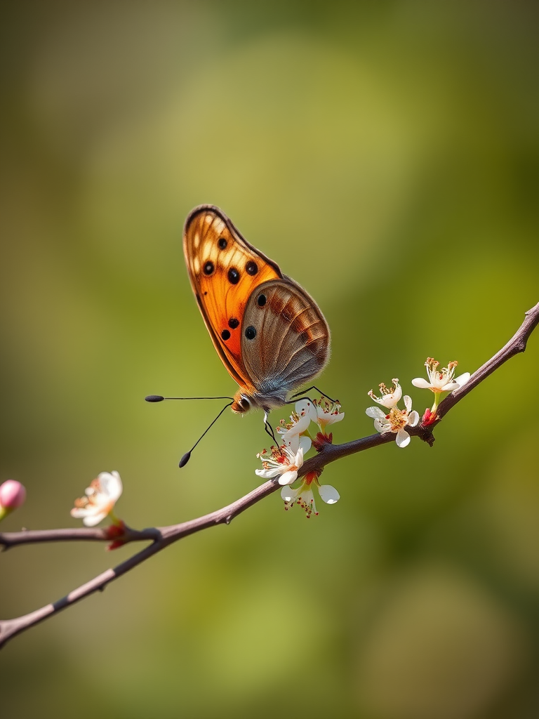 close-up photo of a butterfly perched on a twig with blossoms, natural light, Canon EOS 5D Mark IV, 100mm f/2.8 macro lens, f/2.8 aperture, ISO 200, 1/250 sec shutter speed, soft focus background for a bokeh effect