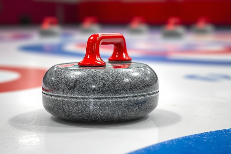 Create a high-resolution digital illustration of a curling stone with a bright red handle, viewed from a slightly elevated angle, using a Canon EOS R5 camera at f/5.6, ISO 100, with a 50mm lens for sharp focus and vibrant colors.